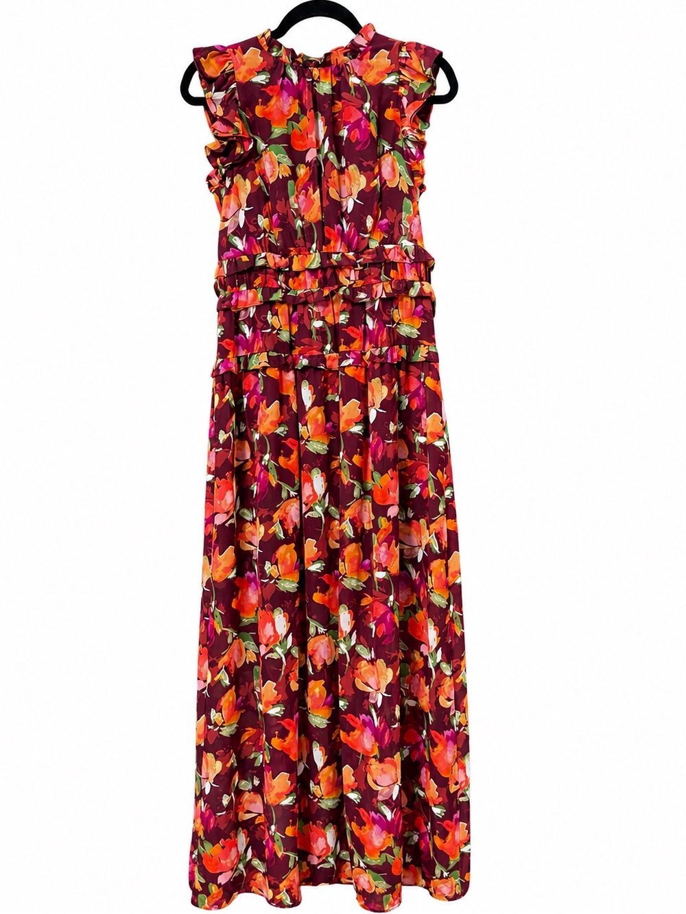 Vince Camuto Chiffon Floral Ruffle Maxi Dress Burgundy NWT Wedding Guest Size - Picture 6 of 11